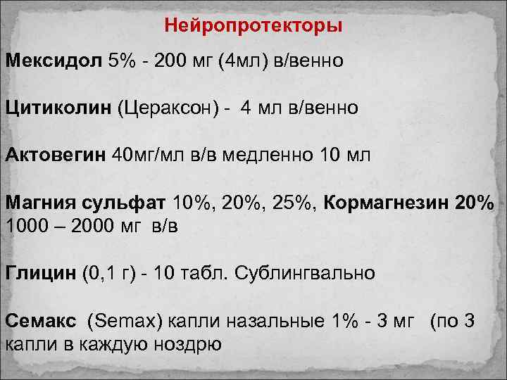 Нейропротекторы Мексидол 5% - 200 мг (4 мл) в/венно Цитиколин (Цераксон) - 4 мл