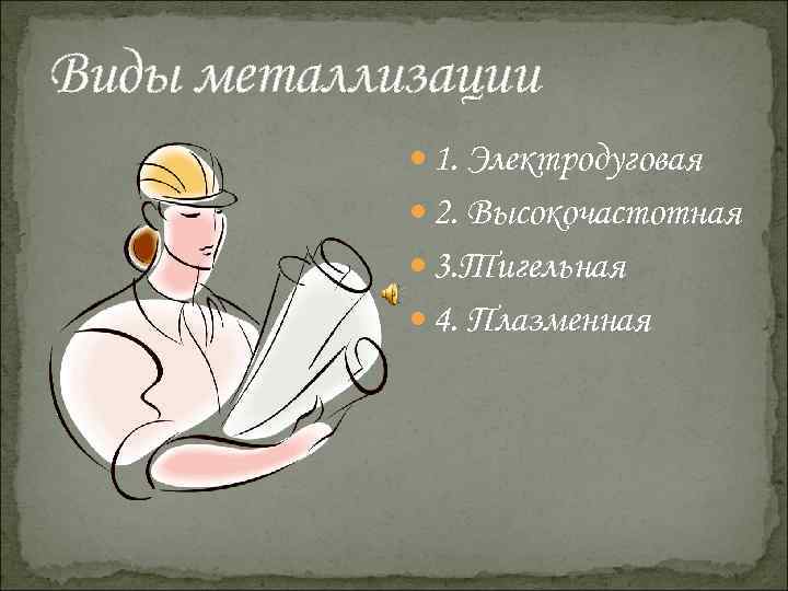 Виды металлизации 1. Электродуговая 2. Высокочастотная 3. Тигельная 4. Плазменная 