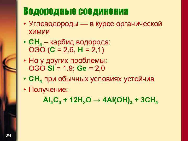 Водородные соединения • Углеводороды — в курсе органической химии • CH 4 – карбид