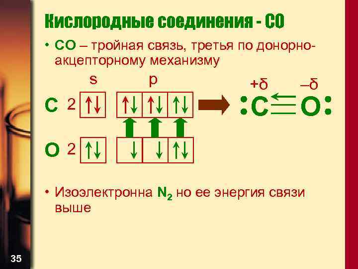 Кислородные соединения - CO • СО – тройная связь, третья по донорноакцепторному механизму s