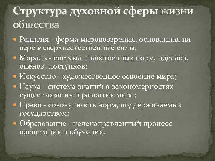 Структура духовной сферы жизни общества Религия - форма мировоззрения, основанная на вере в сверхъестественные