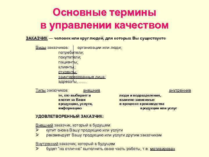 Основные термины в управлении качеством ЗАКАЗЧИК — человек или круг людей, для которых Вы