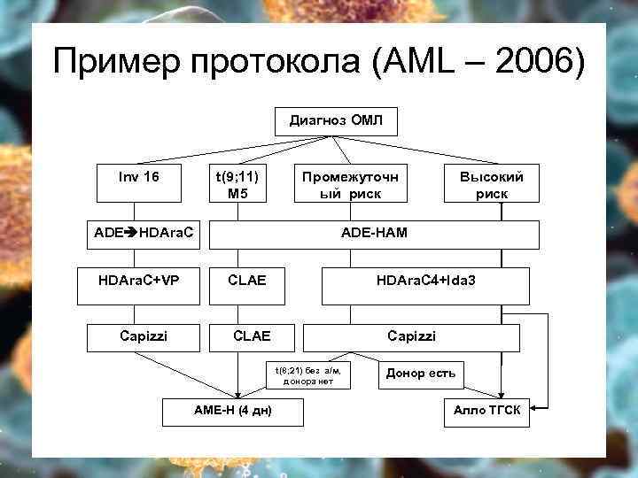Пример протокола (AML – 2006) Диагноз ОМЛ Inv 16 t(9; 11) М 5 ADE