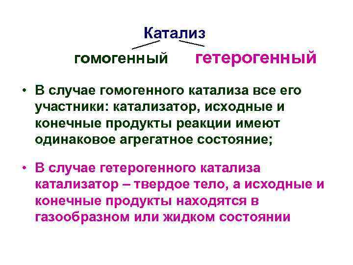 Катализ гомогенный гетерогенный • В случае гомогенного катализа все его участники: катализатор, исходные и