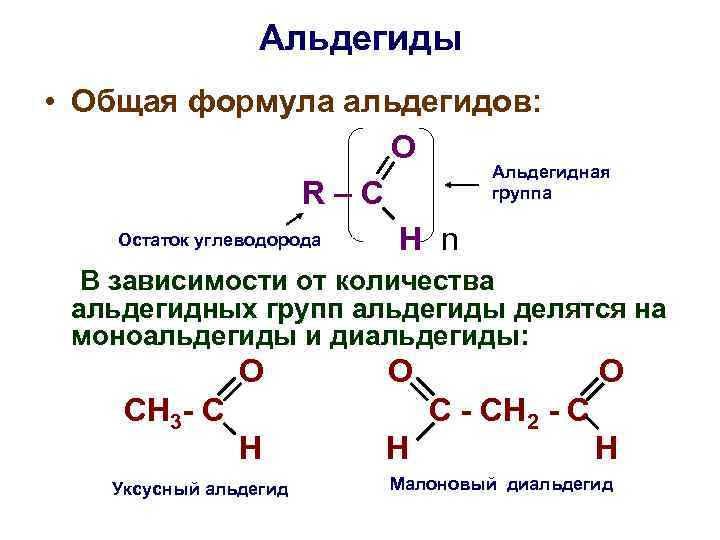 Альдегиды • Общая формула альдегидов: O Альдегидная группа R–C Остаток углеводорода H n В