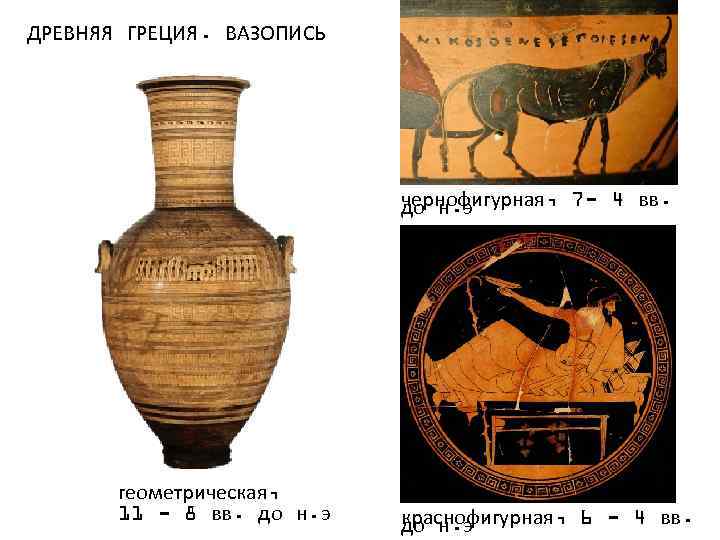 ДРЕВНЯЯ ГРЕЦИЯ. ВАЗОПИСЬ чернофигурная, 7 - 4 вв. до н. э геометрическая, 11 -