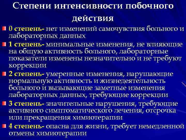 Степени интенсивности побочного действия 0 степень- нет изменений самочувствия больного и лабораторных данных 1