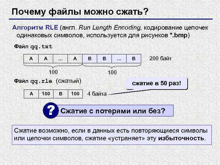 Почему файлы можно сжать? Алгоритм RLE (англ. Run Length Encoding, кодирование цепочек одинаковых символов,