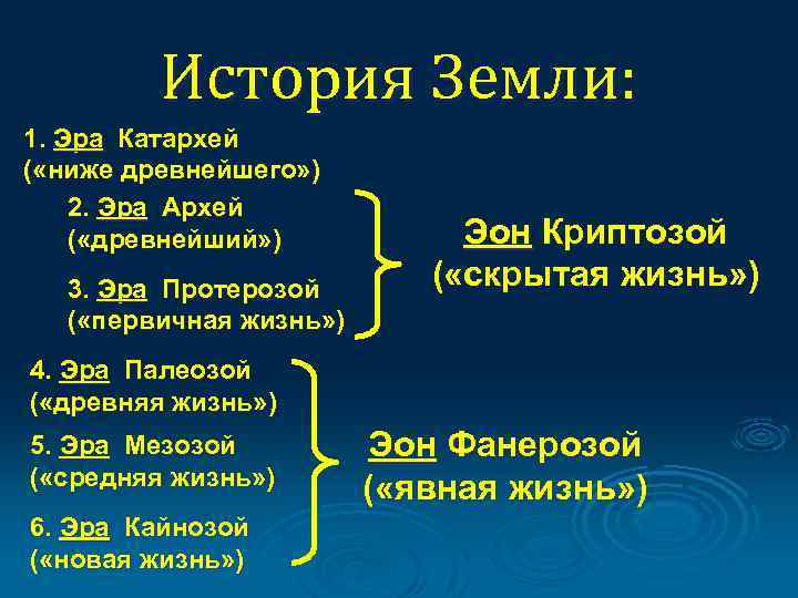 История Земли: 1. Эра Катархей ( «ниже древнейшего» ) 2. Эра Архей ( «древнейший»