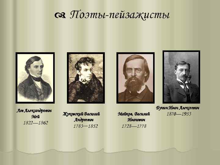  Поэты-пейзажисты Лев Александрович Мей 1822— 1862 Бунин Иван Алексеевич Жуковский Василий Андреевич 1783—