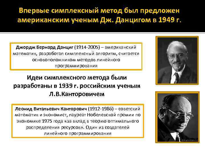Впервые симплексный метод был предложен американским ученым Дж. Данцигом в 1949 г. Джордж Бернард