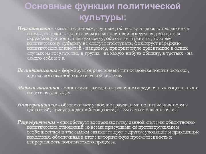 Основные функции политической культуры: Нормативная - задает индивидам, группам, обществу в целом определенные
