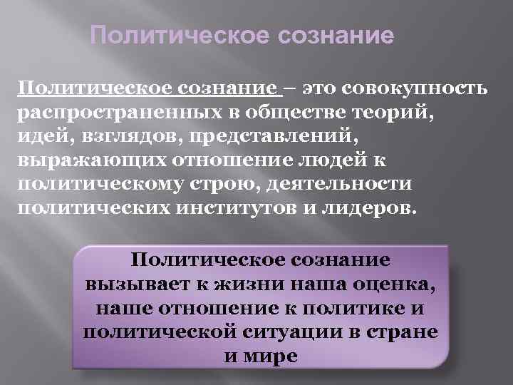 Политическое сознание – это совокупность распространенных в обществе теорий, идей, взглядов, представлений, выражающих отношение