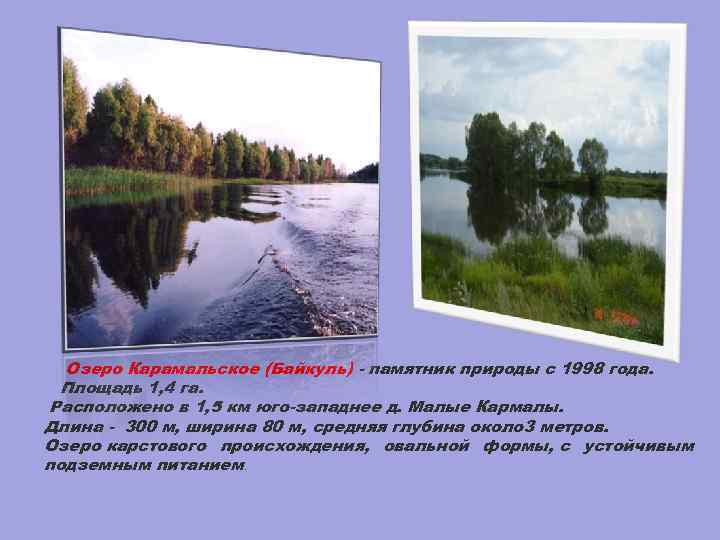 Озеро Карамальское (Байкуль) - памятник природы с 1998 года. Площадь 1, 4 га. Расположено