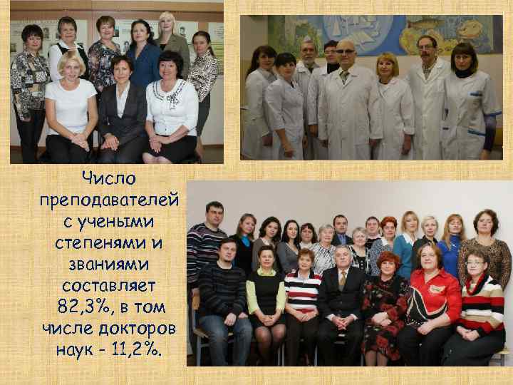  Число преподавателей с учеными степенями и званиями составляет 82, 3%, в том числе