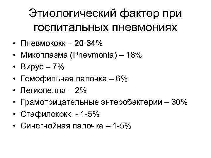 Этиологический фактор при госпитальных пневмониях • • Пневмококк – 20 -34% Микоплазма (Pnevmonia) –