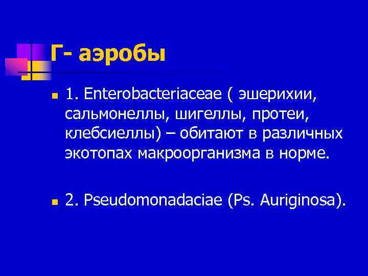 Г- аэробы n n 1. Enterobacteriaceae ( эшерихии, сальмонеллы, шигеллы, протеи, клебсиеллы) – обитают