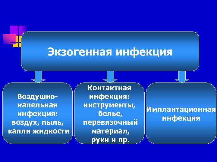 Экзогенная инфекция Воздушнокапельная инфекция: воздух, пыль, капли жидкости Контактная инфекция: инструменты, белье, перевязочный материал,