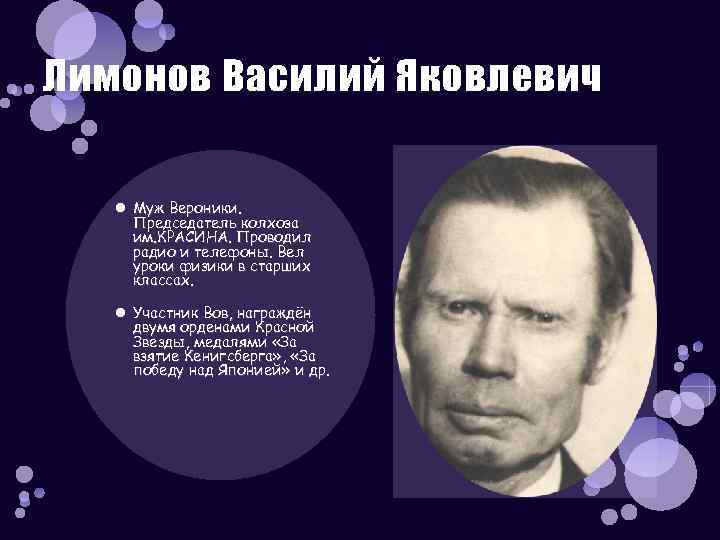 Лимонов Василий Яковлевич Муж Вероники. Председатель колхоза им. КРАСИНА. Проводил радио и телефоны. Вел