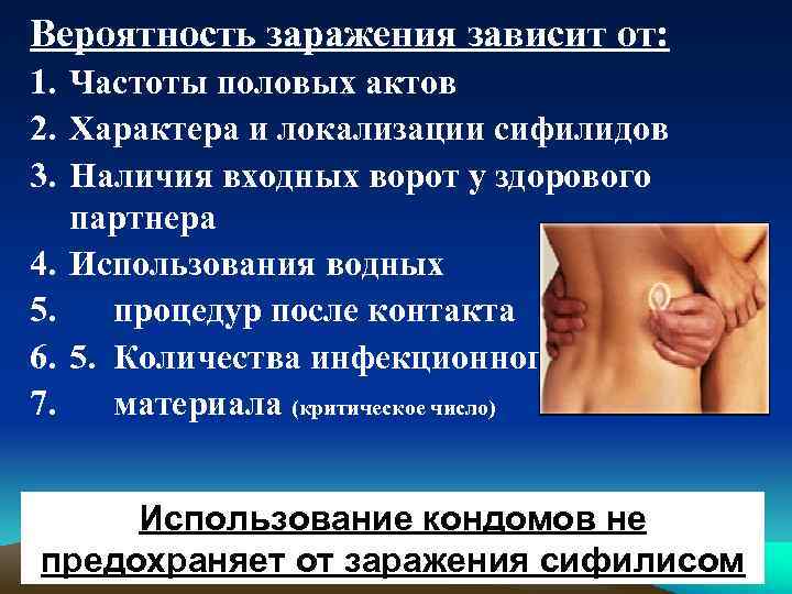 Вероятность заражения зависит от: 1. Частоты половых актов 2. Характера и локализации сифилидов 3.