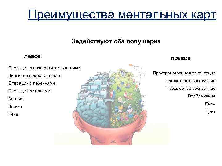 Преимущества ментальных карт Задействуют оба полушария левое правое Операции с последовательностями Линейное представление Операции