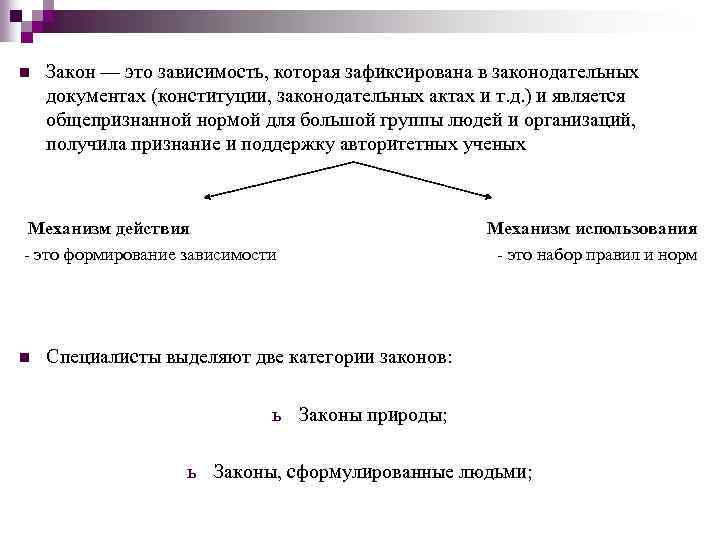n Закон — это зависимость, которая зафиксирована в законодательных документах (конституции, законодательных актах и