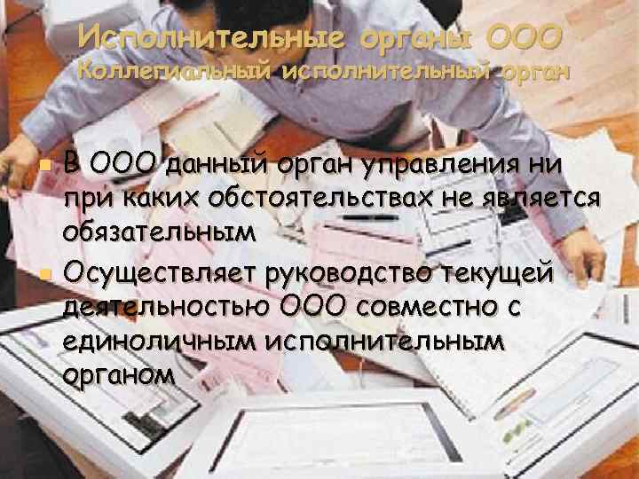 Исполнительные органы ООО Коллегиальный исполнительный орган n n В ООО данный орган управления ни