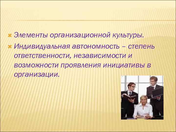  Элементы организационной культуры. Индивидуальная автономность – степень ответственности, независимости и возможности проявления инициативы