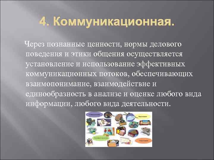 4. Коммуникационная. Через познанные ценности, нормы делового поведения и этики общения осуществляется установление и