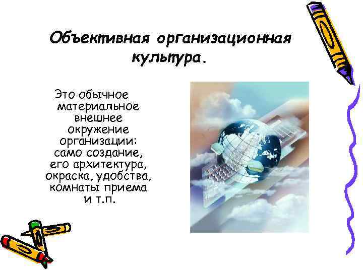 Объективная организационная культура. Это обычное материальное внешнее окружение организации: само создание, его архитектура, окраска,