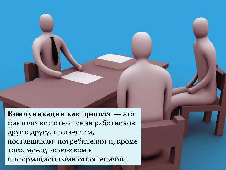 Коммуникации как процесс — это фактические отношения работников друг к другу, к клиентам, поставщикам,