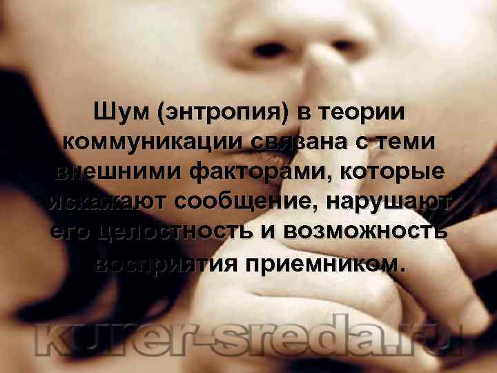 Шум (энтропия) в теории коммуникации связана с теми внешними факторами, которые искажают сообщение, нарушают