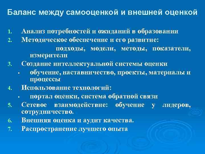 Баланс между самооценкой и внешней оценкой 1. 2. 3. 4. 5. 6. 7. Анализ