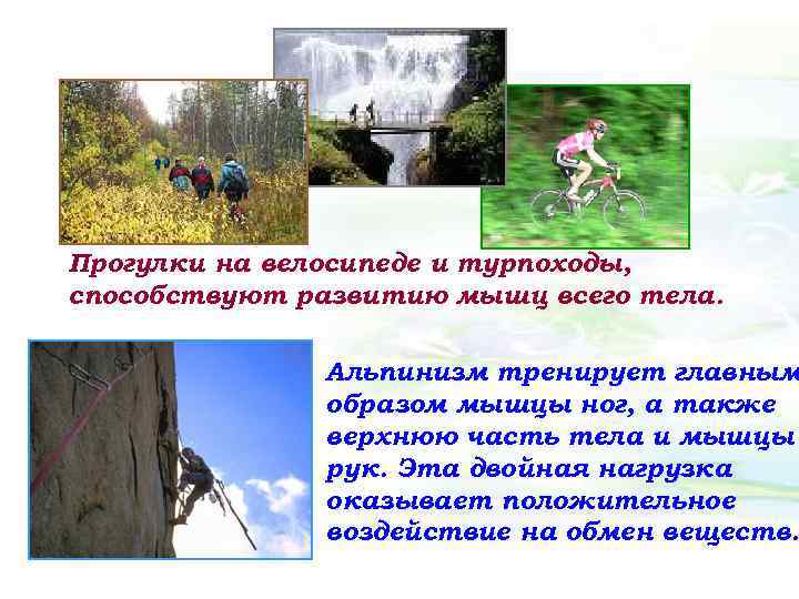 Прогулки на велосипеде и турпоходы, способствуют развитию мышц всего тела. Альпинизм тренирует главным образом