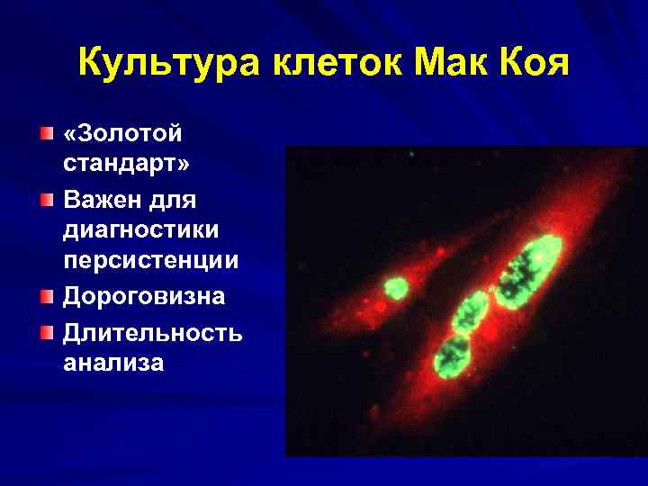 Культура клеток Мак Коя «Золотой стандарт» Важен для диагностики персистенции Дороговизна Длительность анализа 