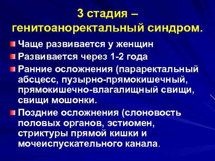 3 стадия – генитоаноректальный синдром. Чаще развивается у женщин Развивается через 1 -2 года