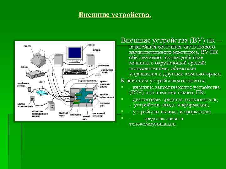 Внешние устройства (ВУ) ПК — важнейшая составная часть любого вычислительного комплекса. ВУ ПК обеспечивают