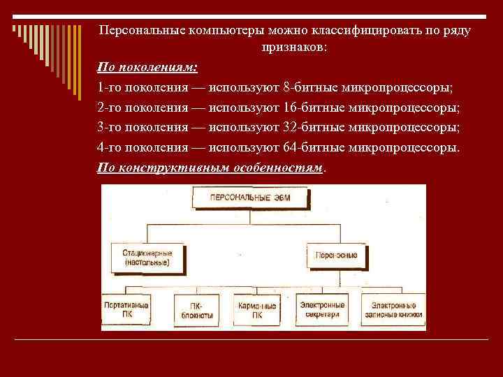 Персональные компьютеры можно классифицировать по ряду признаков: По поколениям: 1 го поколения — используют
