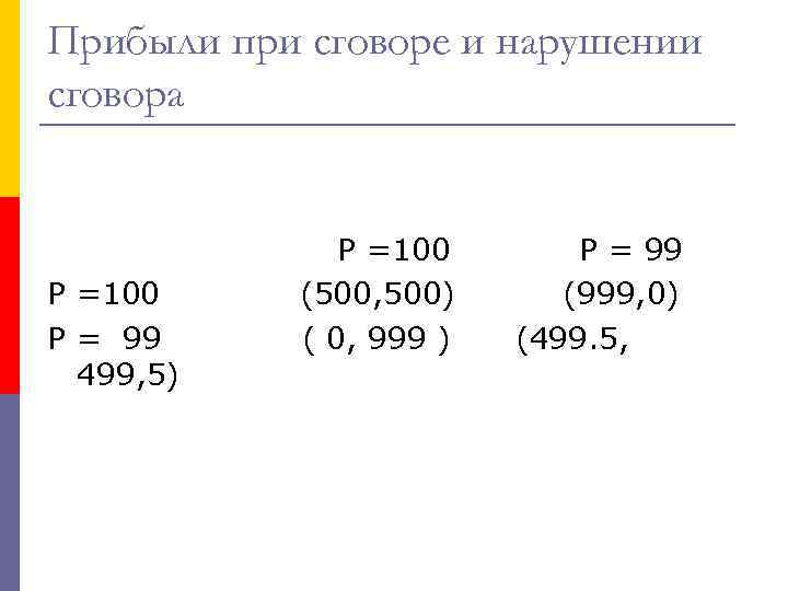 Прибыли при сговоре и нарушении сговора Р =100 Р = 99 499, 5) Р