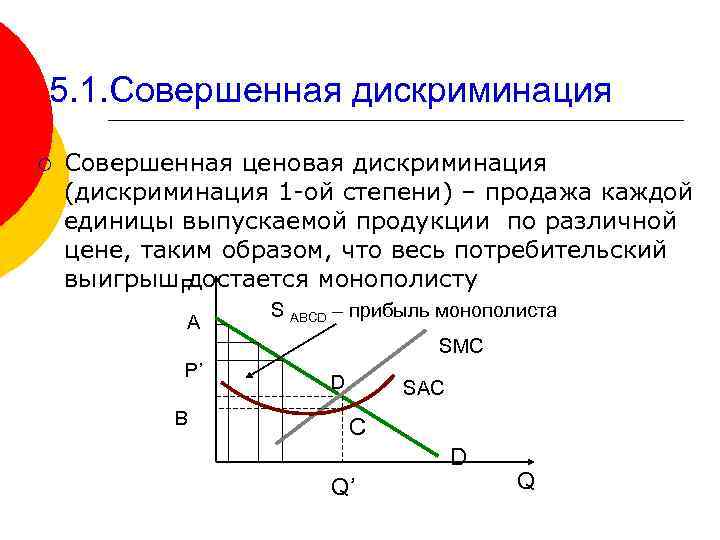 5. 1. Совершенная дискриминация ¡ Совершенная ценовая дискриминация (дискриминация 1 -ой степени) – продажа