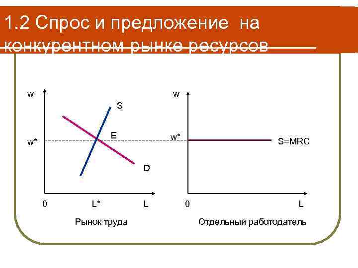 1. 2 Спрос и предложение на конкурентном рынке ресурсов w w S E w*