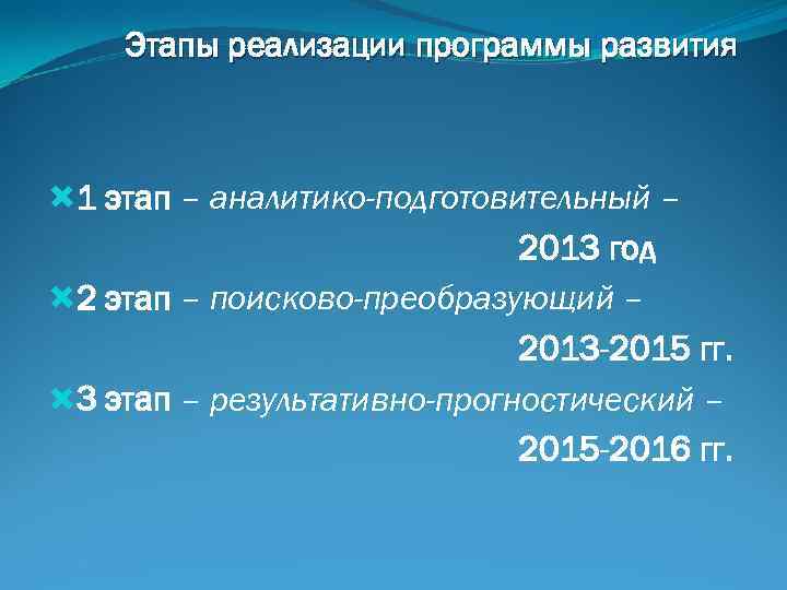 Этапы реализации программы развития 1 этап – аналитико-подготовительный – 2013 год 2 этап –