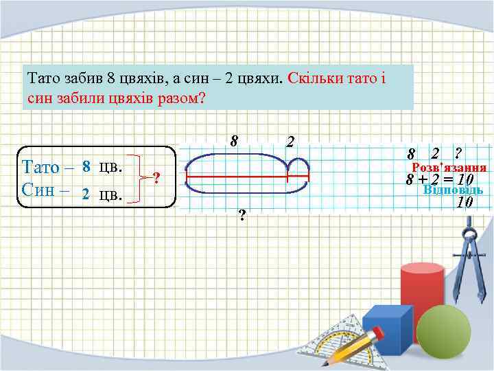 Тато забив 8 цвяхів, а син – 2 цвяхи. Скільки тато і син забили