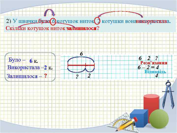 2) У швачки було 6 котушок ниток. 2 котушки вонавикористала було використала. Скільки котушок
