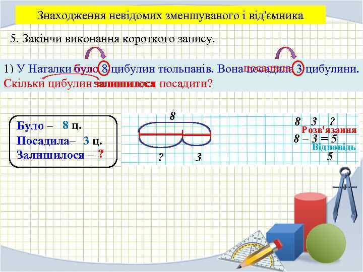 Знаходження невідомих зменшуваного і від'ємника 5. Закінчи виконання короткого запису. 1) У Наталки було