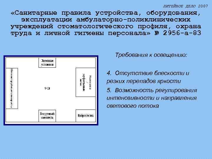 ЛИТЕЙНОЕ ДЕЛО 2007 «Санитарные правила устройства, оборудования, эксплуатации амбулаторно-поликлинических учреждений стоматологического профиля, охрана труда