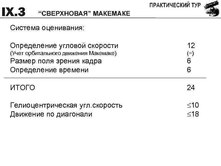 Система оценивания: Определение угловой скорости 12 (Учет орбитального движения Макемаке) (=) Размер поля зрения