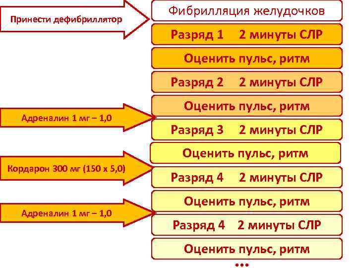 Принести дефибриллятор Фибрилляция желудочков Разряд 1 2 минуты СЛР Оценить пульс, ритм Разряд 2