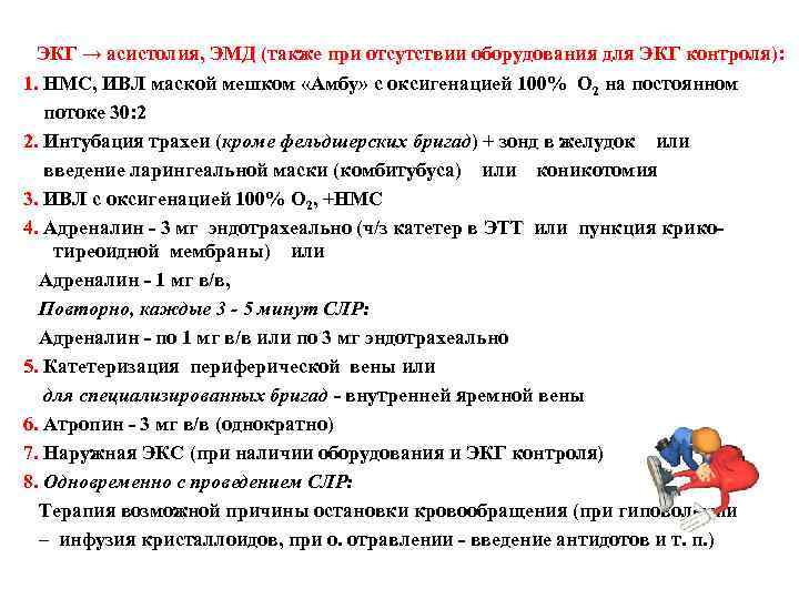 ЭКГ → асистолия, ЭМД (также при отсутствии оборудования для ЭКГ контроля): 1. НМС, ИВЛ