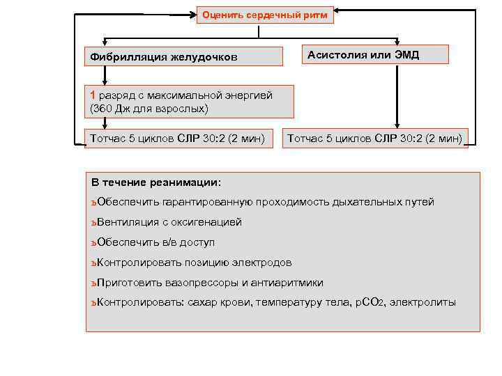 Оценить сердечный ритм Асистолия или ЭМД Фибрилляция желудочков 1 разряд с максимальной энергией (360